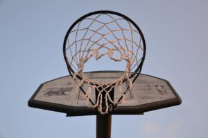 Close-up view of a basketball hoop and net against a clear sky, ideal for sports and leisure themes.